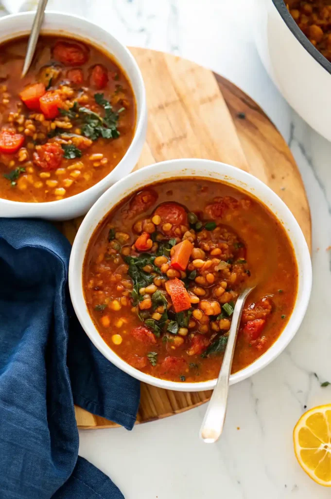 Two bowls of lentil soup with carrots, kale, and tomatoes on a wooden board