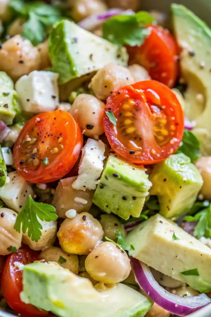 Close-up of Mediterranean chickpea salad with cherry tomatoes, avocado, feta cheese, and fresh herbs coated in lemon dressing and black pepper.