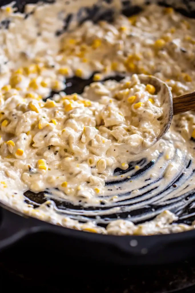 Creamy corn dip being stirred in a skillet with a wooden spoon