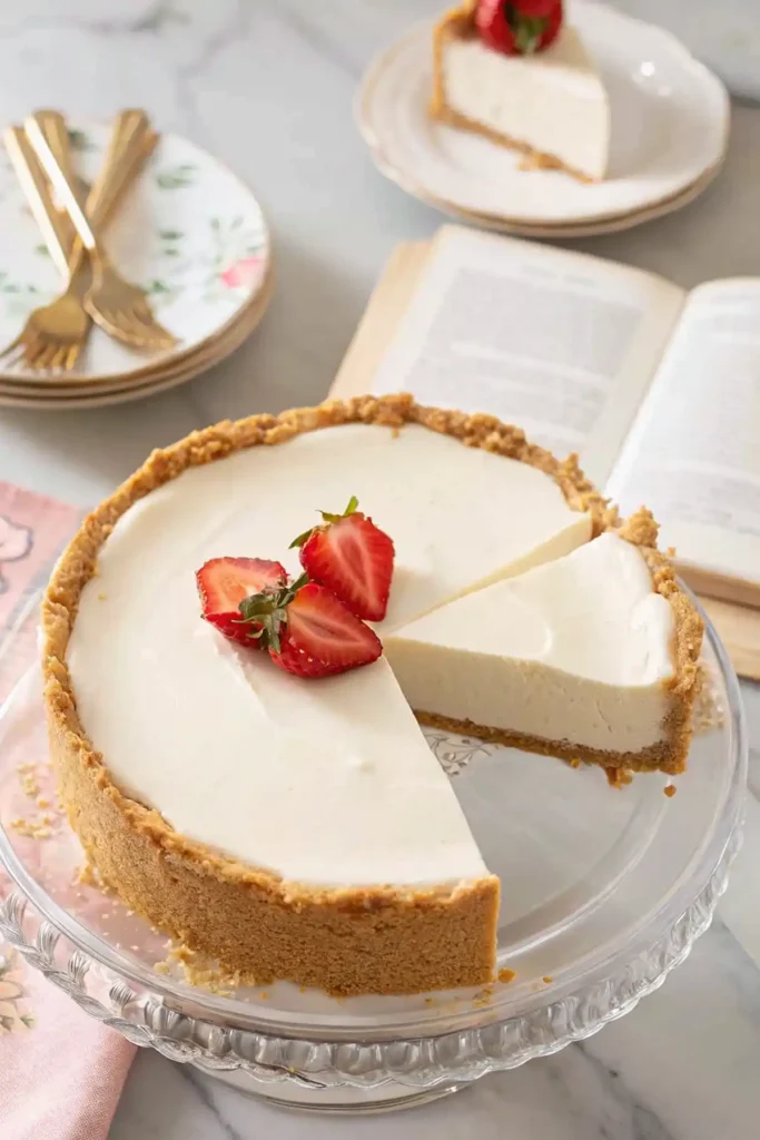 Whole no bake cheesecake with a slice removed, topped with fresh strawberries and displayed on a glass cake stand, with a plated slice and open book nearby.
