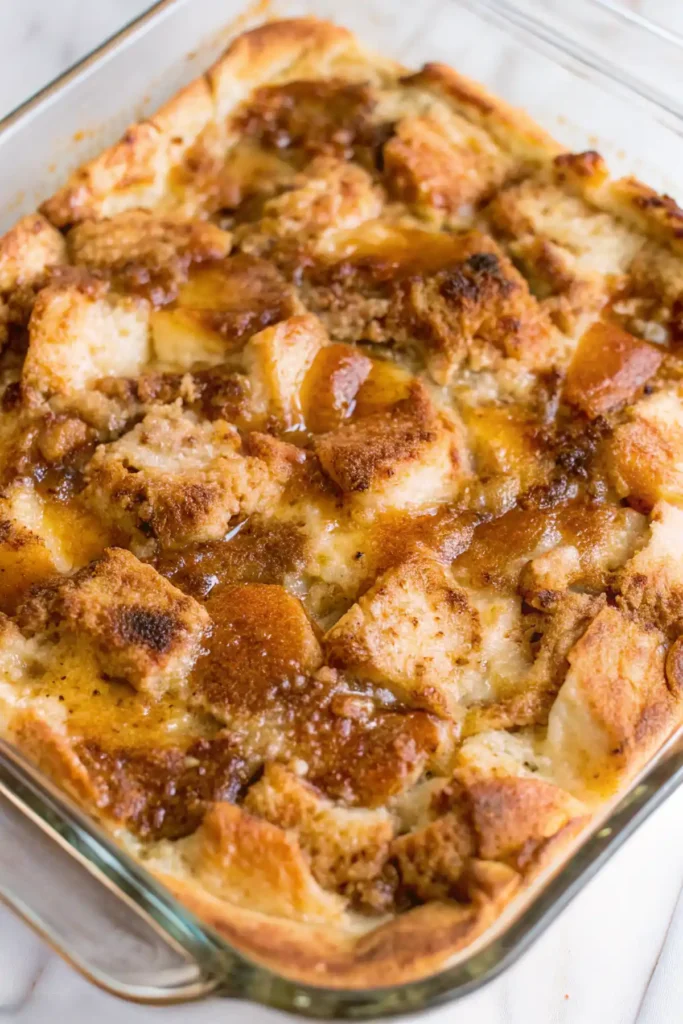 Freshly baked old fashioned bread pudding in a glass dish with a golden brown top and caramelized cinnamon sugar crust.