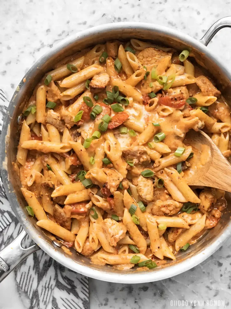 One pot creamy Cajun chicken pasta with penne, seared chicken pieces, fire roasted tomatoes, and fresh green onions in a skillet.