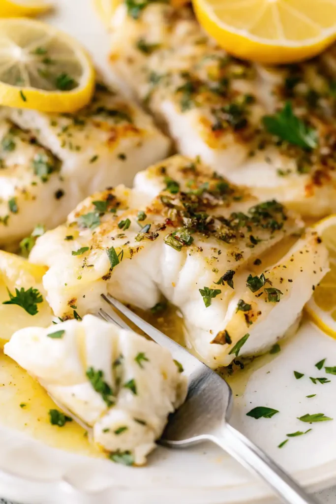 Oven baked cod fillets with garlic, parsley, and lemon slices, flaked with a fork on a white plate.