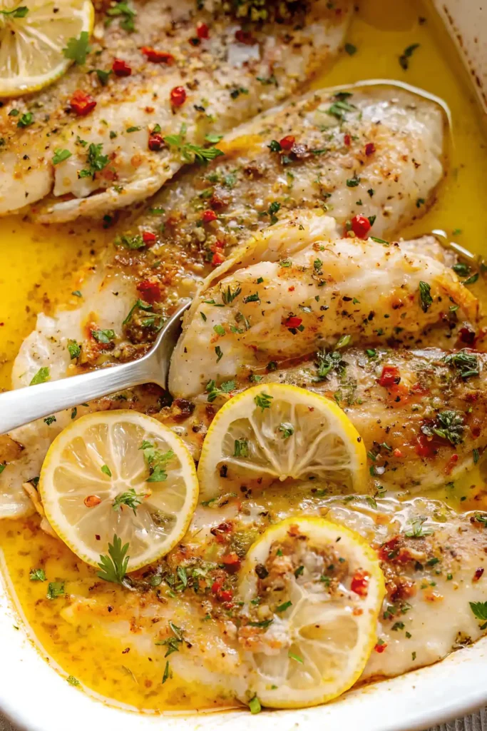 Oven baked tilapia fillets in lemon garlic butter sauce with red pepper flakes, fresh parsley, and sliced lemons in a white baking dish.