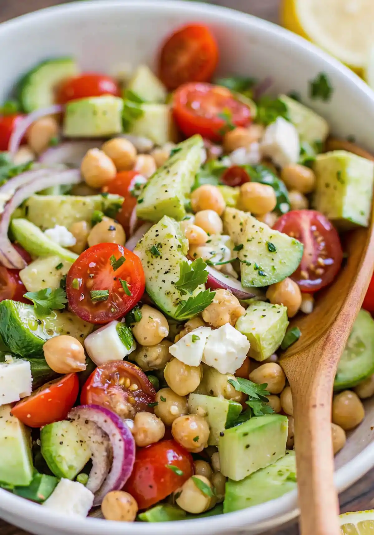 Bowl of Mediterranean chickpea salad with cherry tomatoes, avocado, cucumber, feta cheese, and red onion, tossed with herbs and lemon dressing.