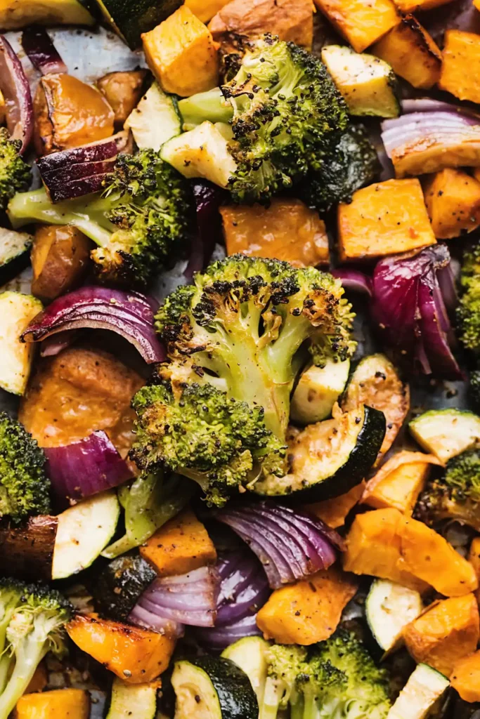 Close up of oven roasted vegetables with broccoli, sweet potatoes, zucchini, and red onions caramelized on a sheet pan