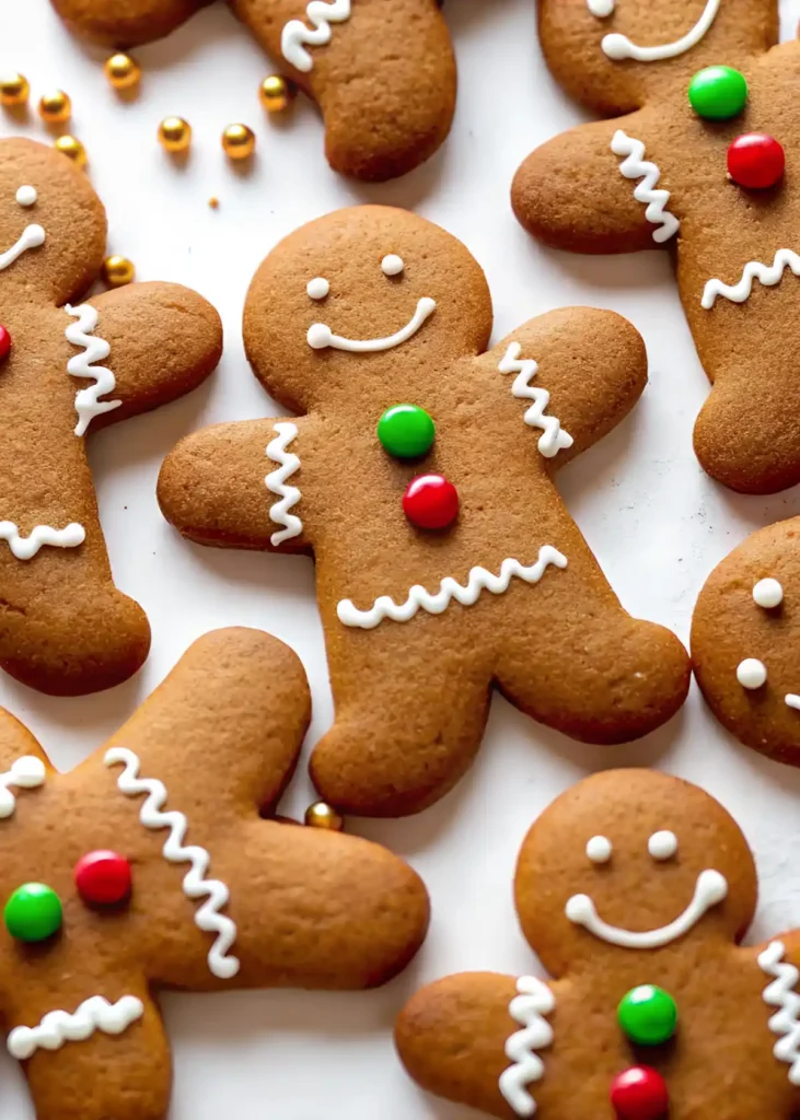 Soft gingerbread cookies decorated with white icing and red and green candy buttons on a white background.