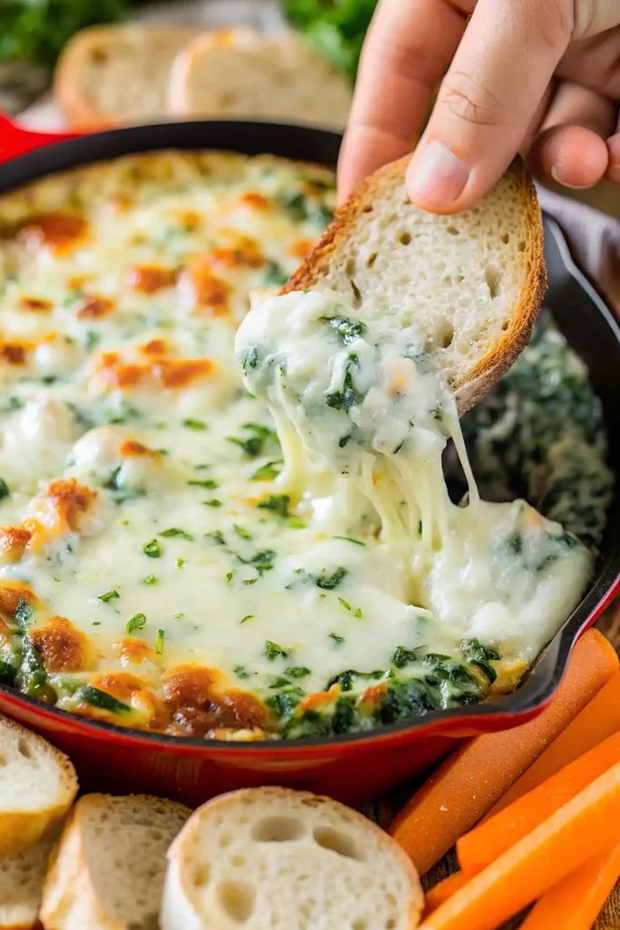 Cheesy spinach dip being scooped with a slice of bread from a skillet