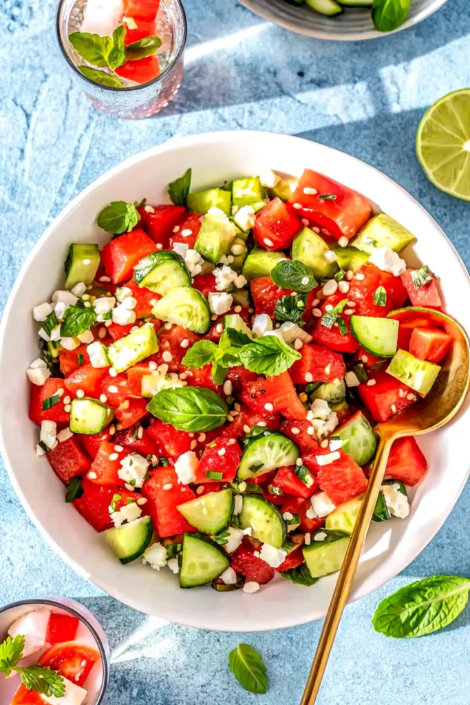 Summer salad with watermelon cucumber feta mint and basil in a white bowl