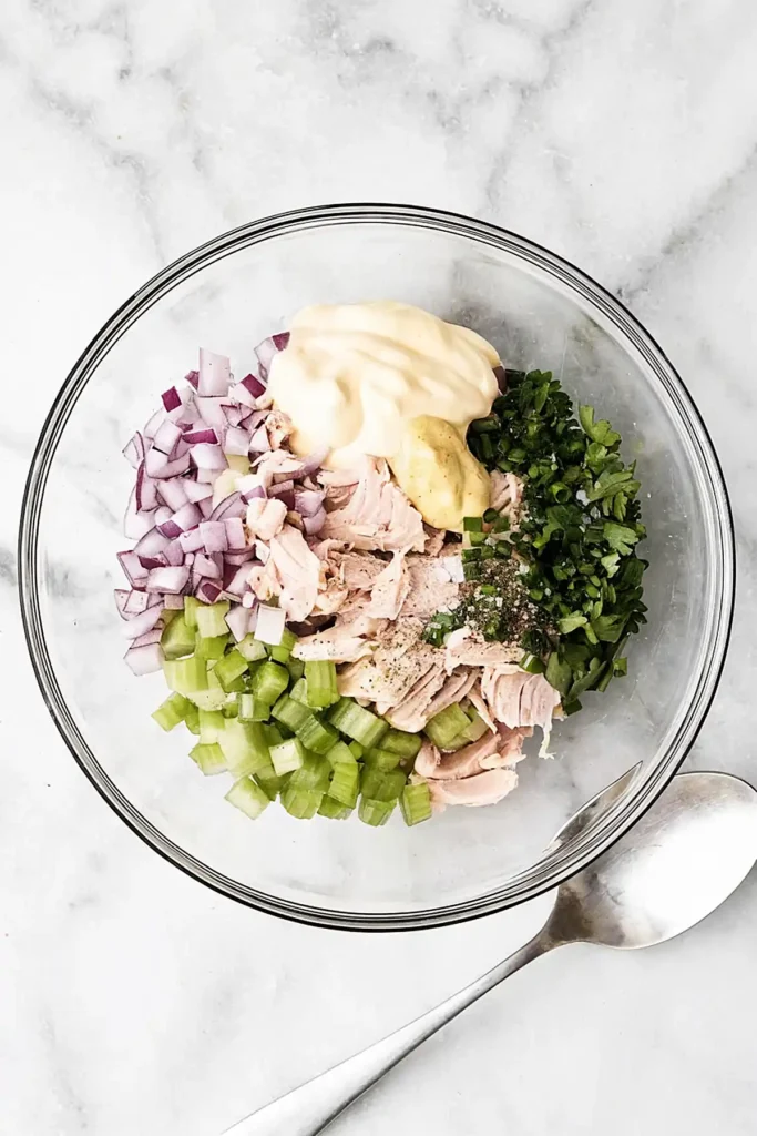 Tuna salad ingredients in a glass bowl with canned tuna, diced red onion, celery, parsley, mayonnaise, and Dijon mustard on marble surface.