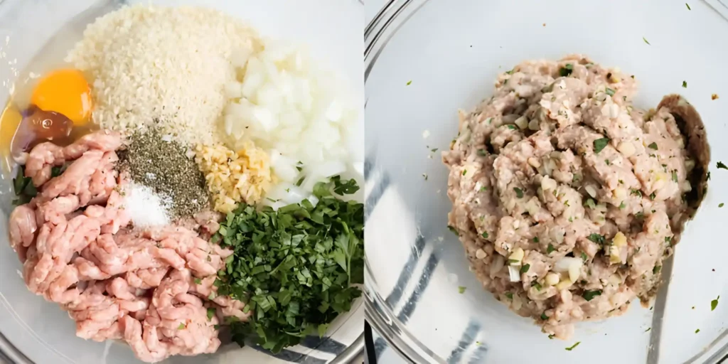 Turkey meatball ingredients in bowl before and after mixing