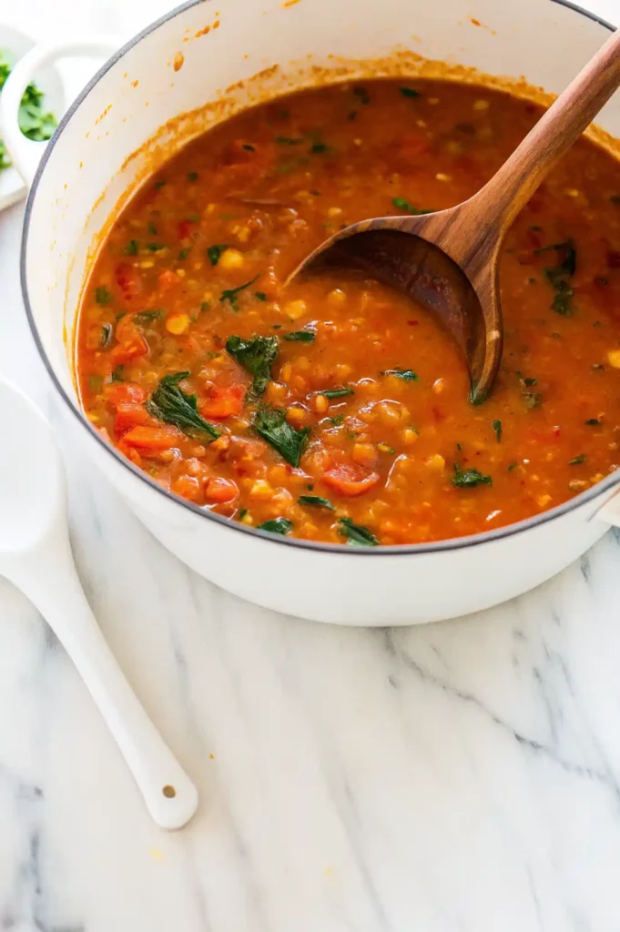 Vegan lentil soup simmering in a white pot with spinach and carrots