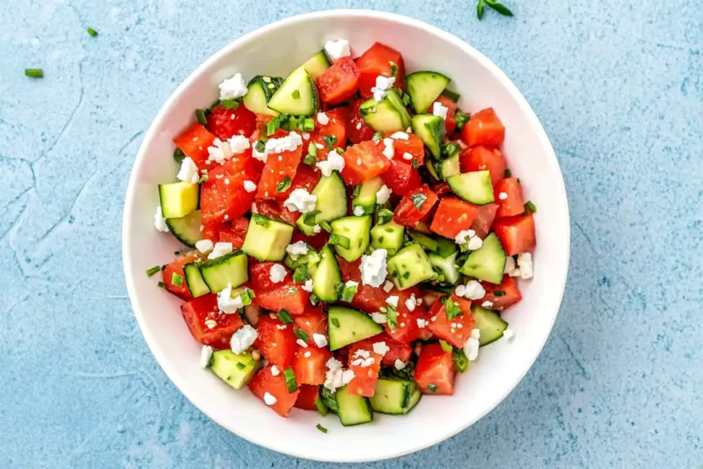 Top view of watermelon salad with cucumber and feta in a white bowl