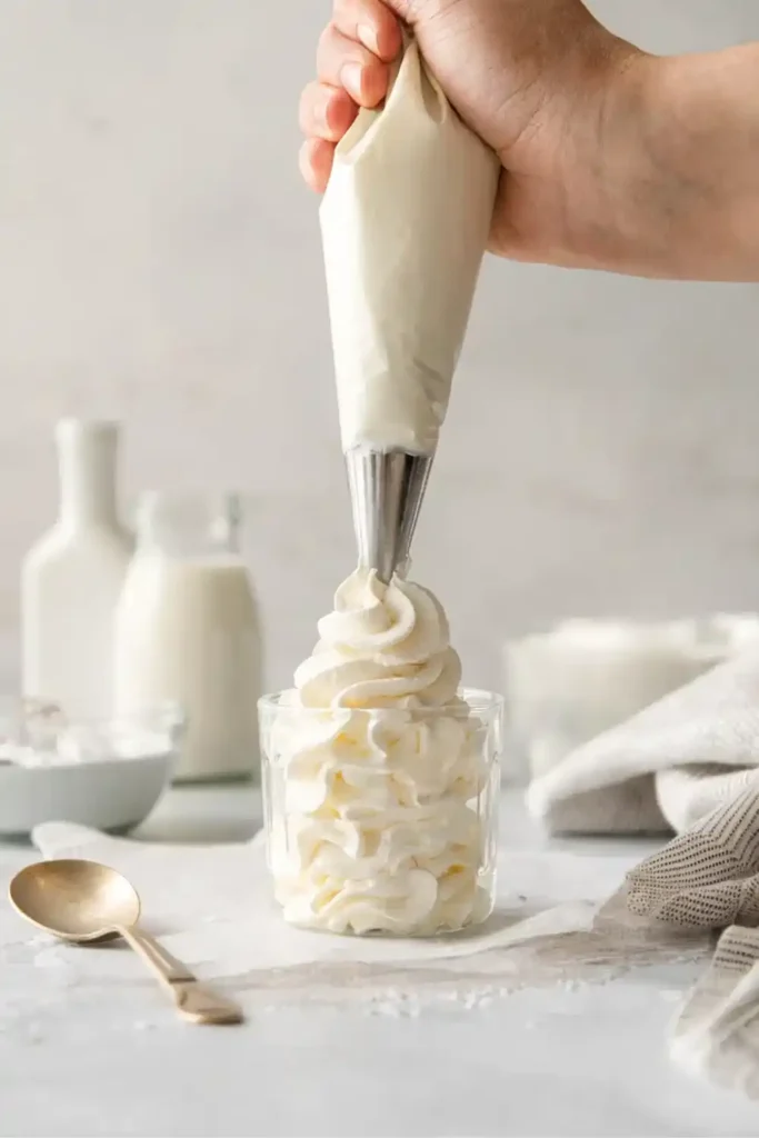 Piping homemade whipped cream into glass with star tip