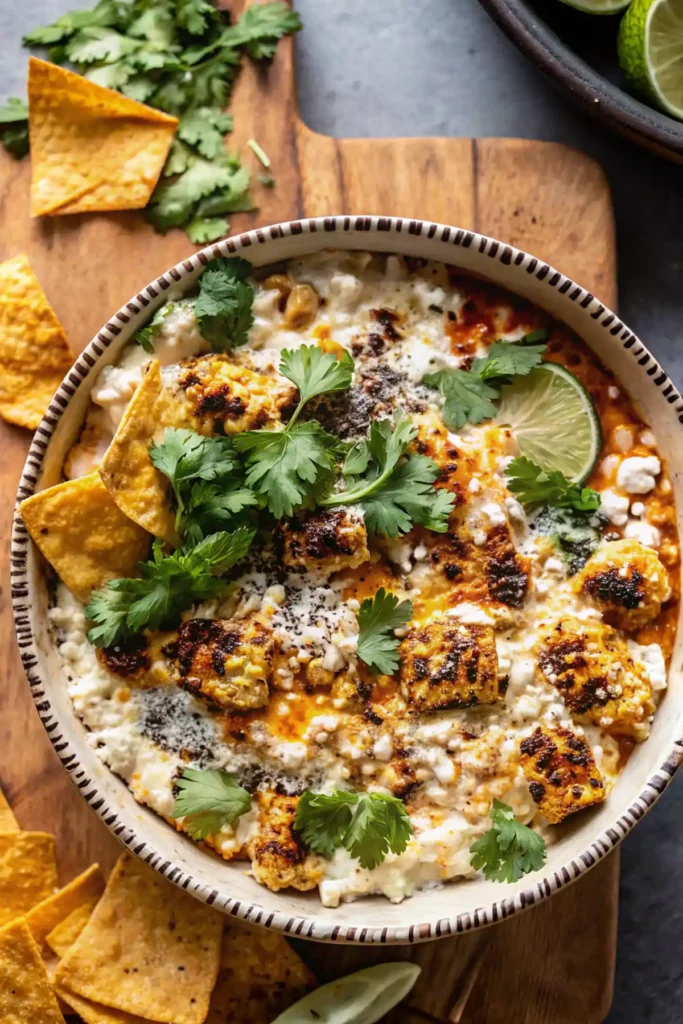 Corn dip topped with grilled corn, cilantro, lime, and tortilla chips in a bowl