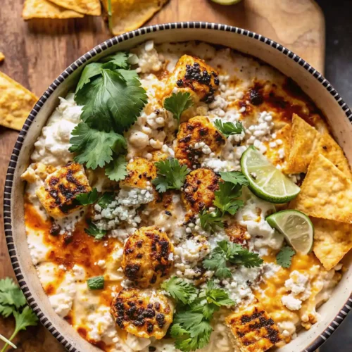 Bowl of creamy corn dip topped with grilled corn, cilantro, cotija cheese, lime wedges, and tortilla chips