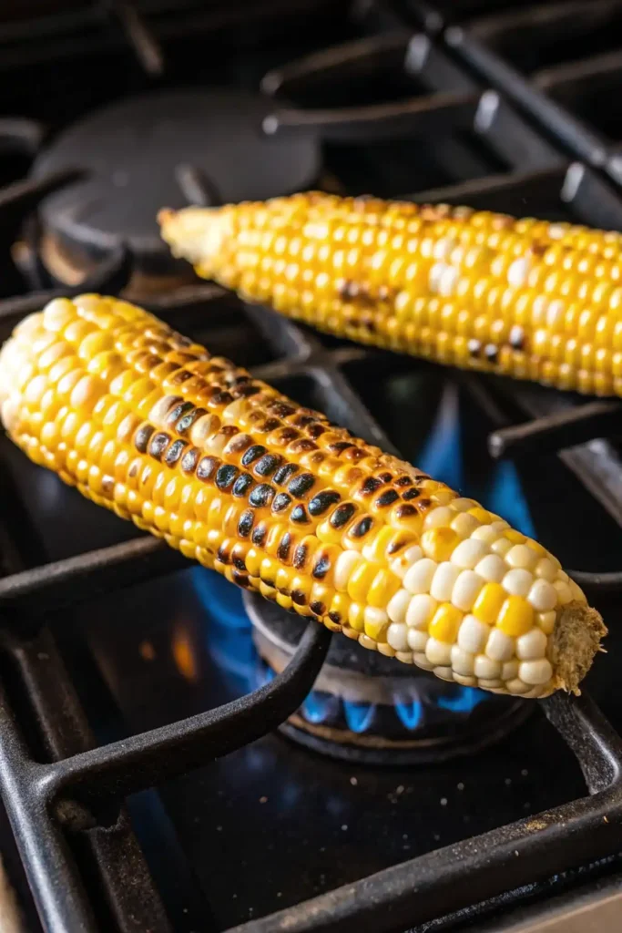 Two ears of corn roasting over an open gas flame on a stovetop