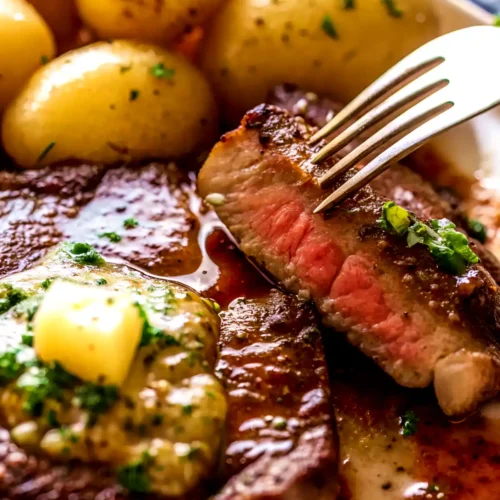 Fork holding a slice of juicy medium-rare steak with melting herb butter, served with golden baby potatoes on a white plate