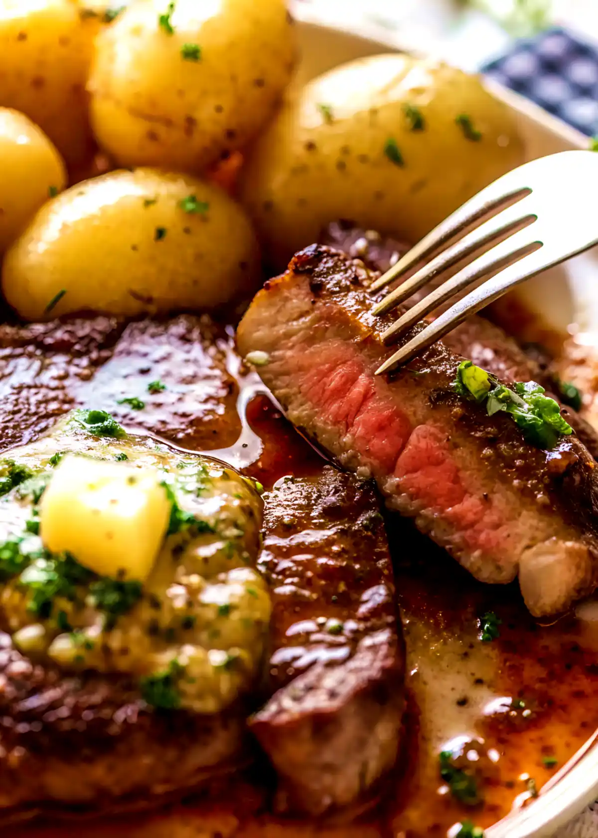 Fork holding a slice of juicy medium-rare steak with melting herb butter, served with golden baby potatoes on a white plate