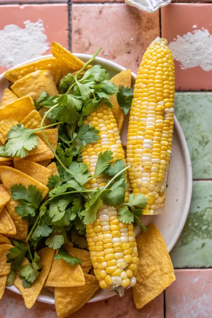 Fresh corn on the cob with cilantro and tortilla chips on a plate