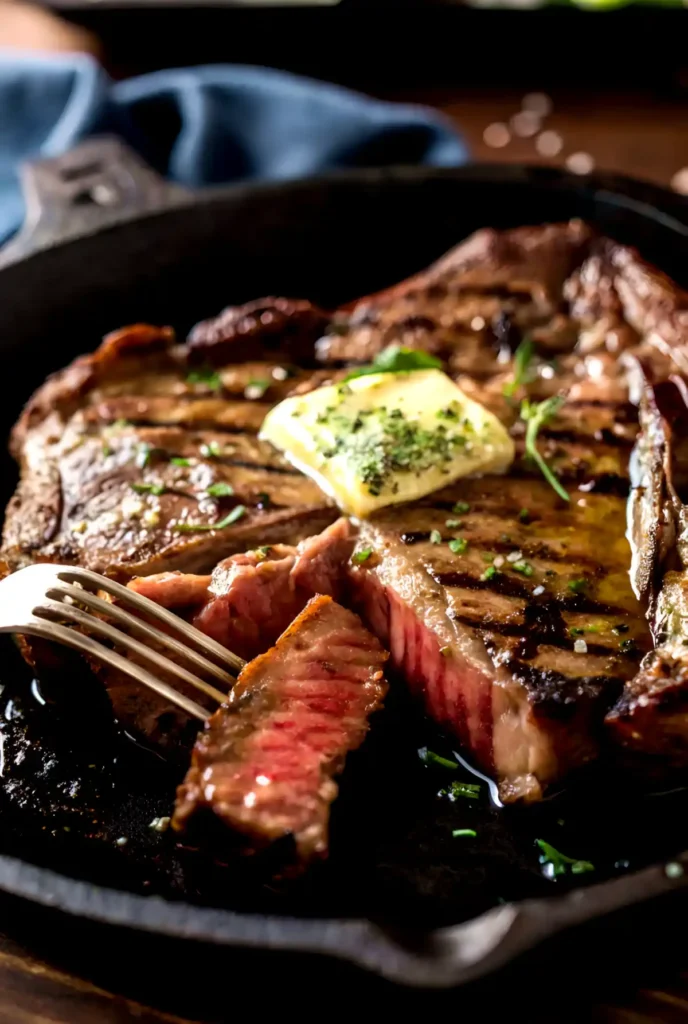 Sliced medium-rare steak with melting herb butter in a cast iron skillet, fork holding a juicy piece over seared grill marks