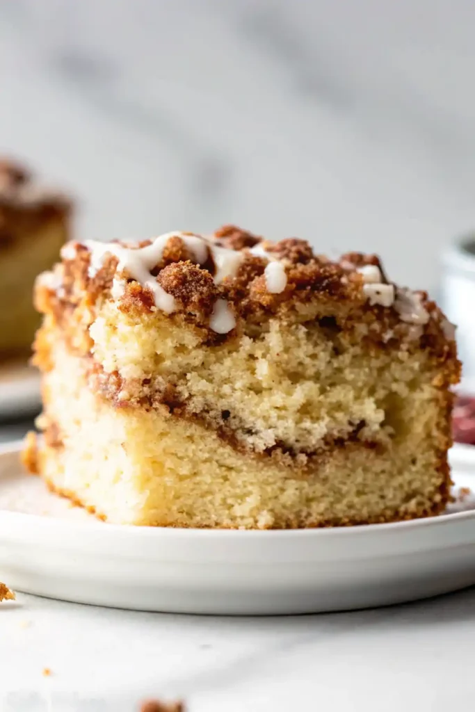Moist coffee cake slice with cinnamon swirl and crumb topping on a plate