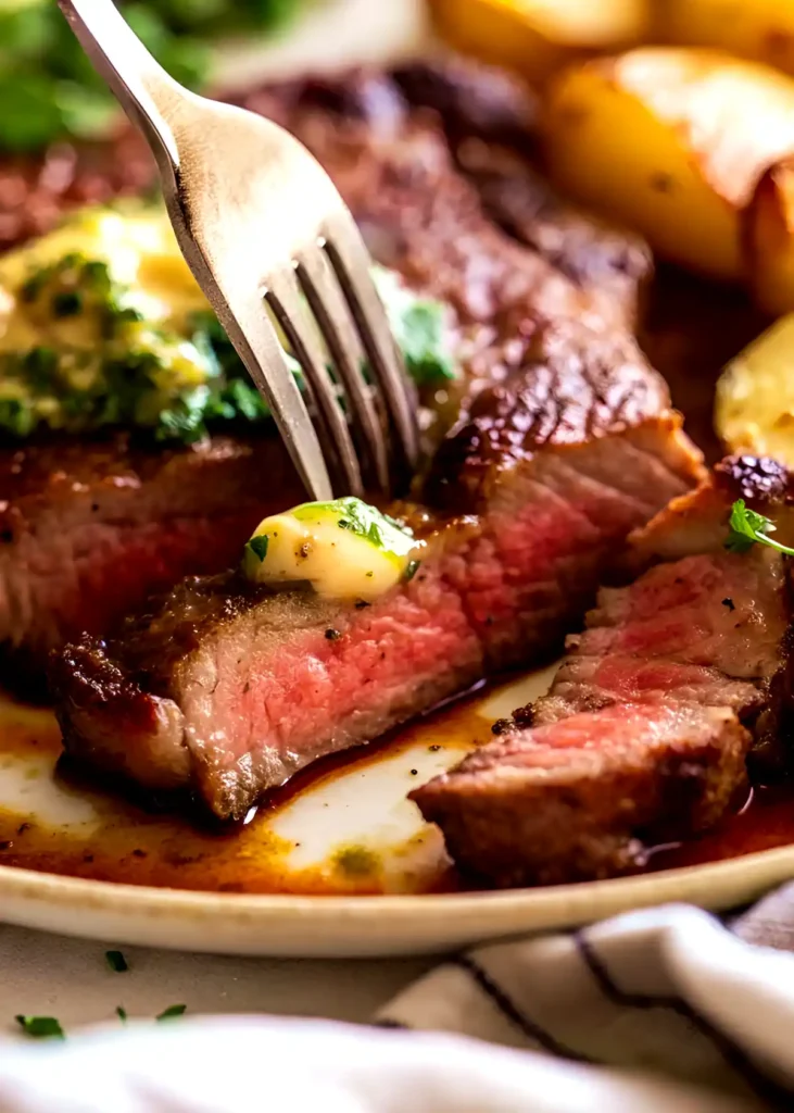 Medium-rare Steak Marinade slice topped with herb butter, held by a fork over a plate with pan juices and golden roasted potatoes in the background
