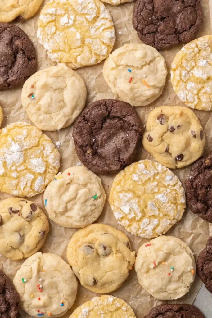 Cake mix cookie dough with colorful sprinkles being mixed in a bowl and scooped onto a parchment lined baking sheet before baking.