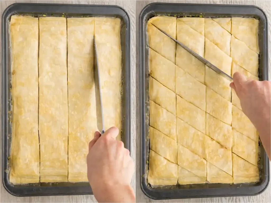 Authentic baklava cut into strips and diamond shapes before baking in rectangular pan.