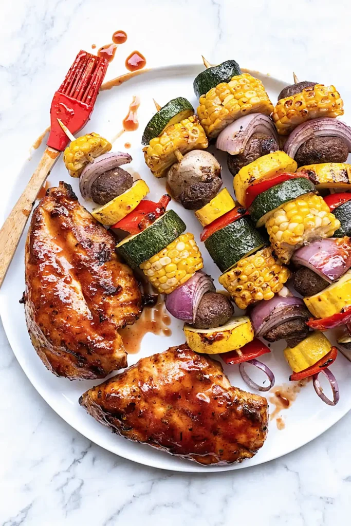 Grilled BBQ chicken breasts with vegetable skewers on a white plate, brushed with glossy barbecue sauce and served with a red basting brush.