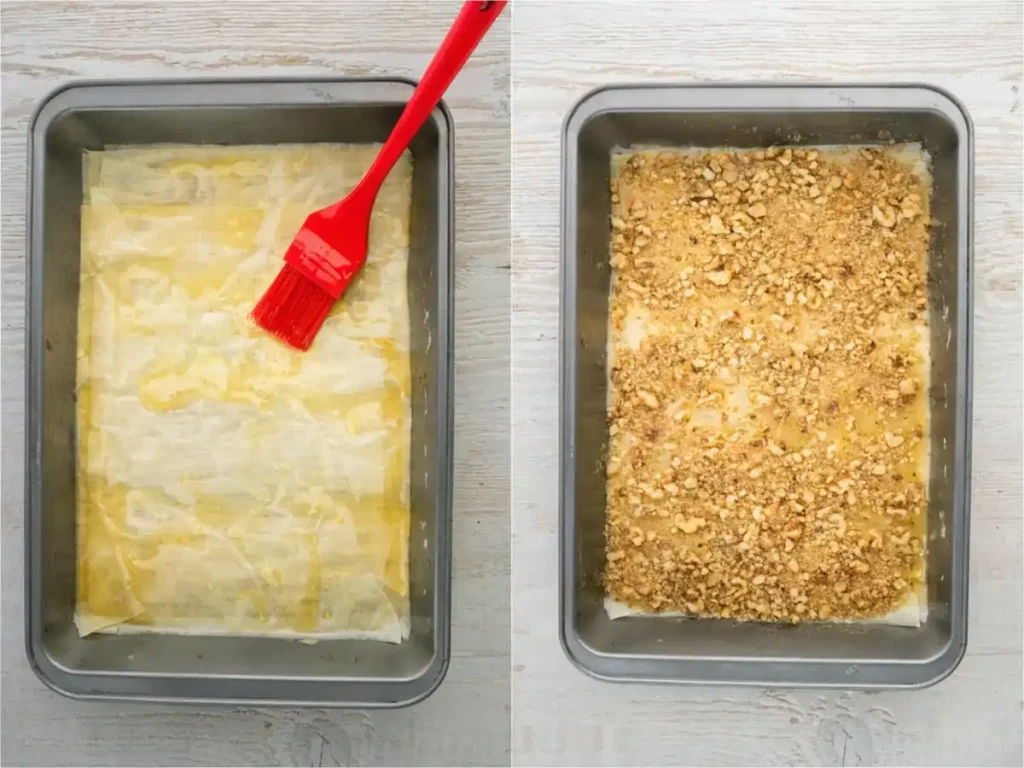 Baklava assembly process with phyllo dough brushed with butter and walnut filling layered in baking pan.