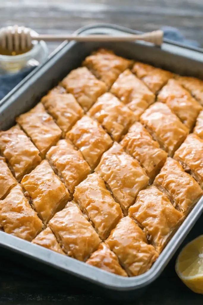 Freshly baked baklava recipe in pan cut into diamond shapes and soaked in honey syrup.