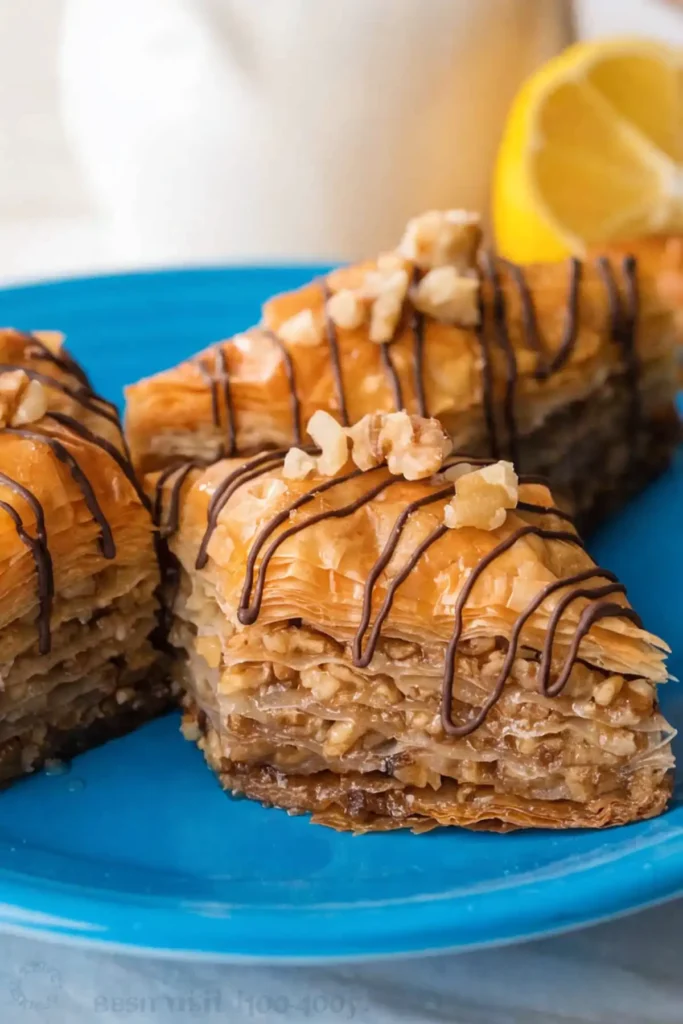 Best baklava recipe slice with flaky phyllo layers, walnut filling, chocolate drizzle, and honey syrup on blue plate.