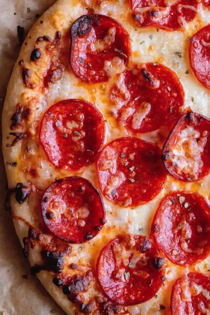 Close up of homemade pepperoni pizza with melted mozzarella cheese and crispy pepperoni on a golden baked crust.