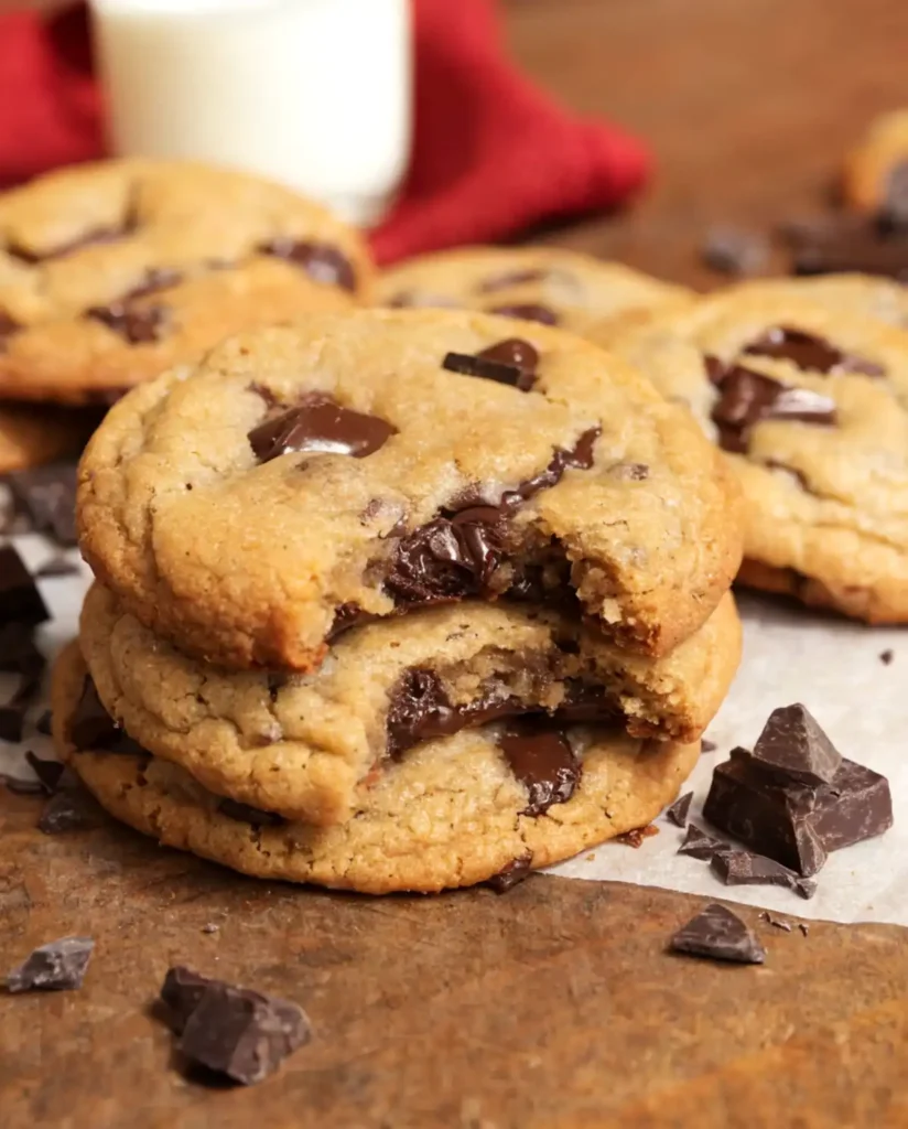 Stacked brown butter chocolate chip cookies with gooey melted chocolate center on a rustic wooden table.