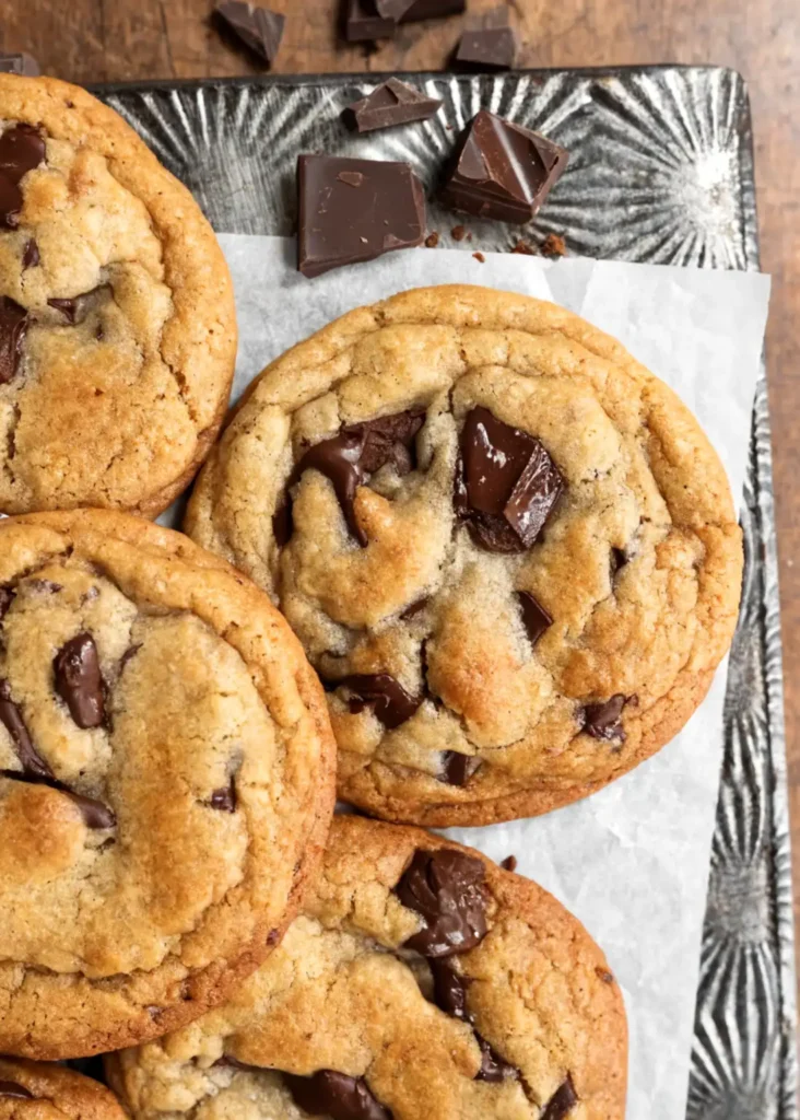 Brown butter chocolate chip cookies with melted chocolate chunks on parchment paper over a rustic baking tray.