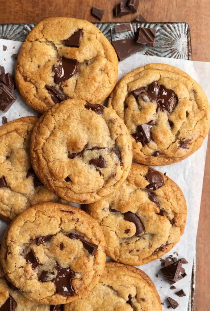 Chewy brown butter chocolate chip cookies with melted chocolate chunks on parchment paper over a rustic tray.