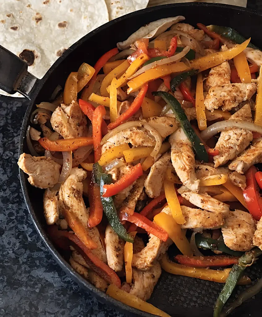 Chicken fajitas cooking in skillet with peppers onions and tortillas on the side