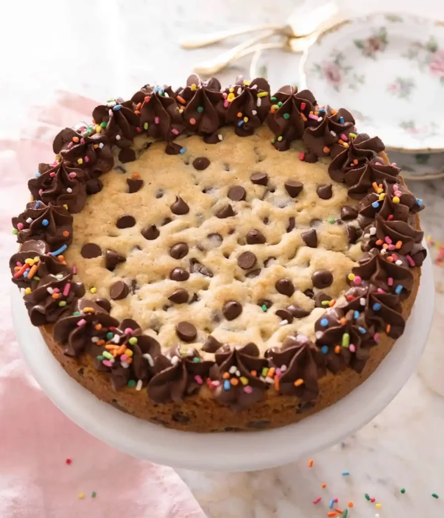 Chocolate chip cookie cake with chocolate frosting rosettes and colorful sprinkles on a white cake stand.