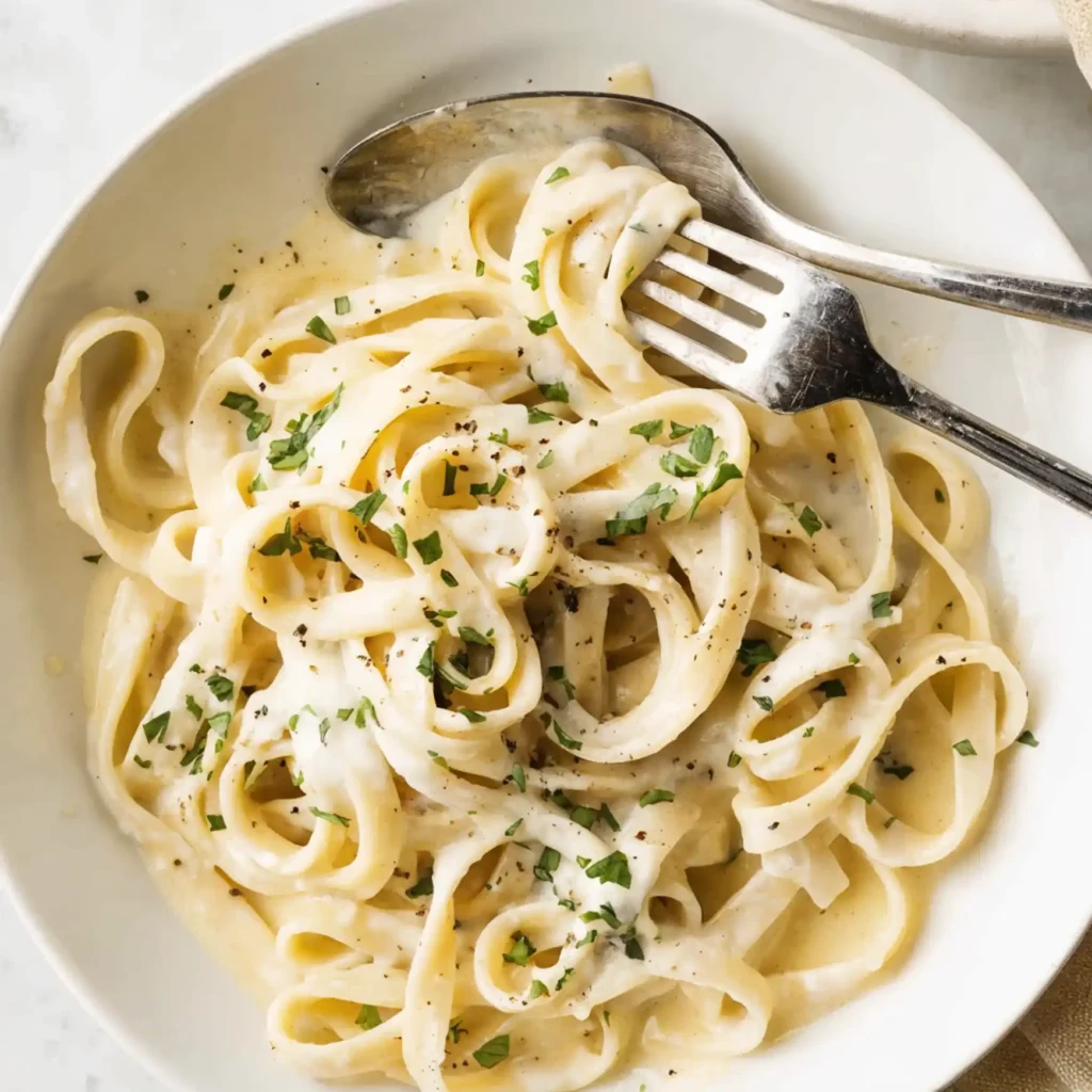 Creamy Fettuccine Alfredo in a bowl with parsley and black pepper, served with fork and spoon