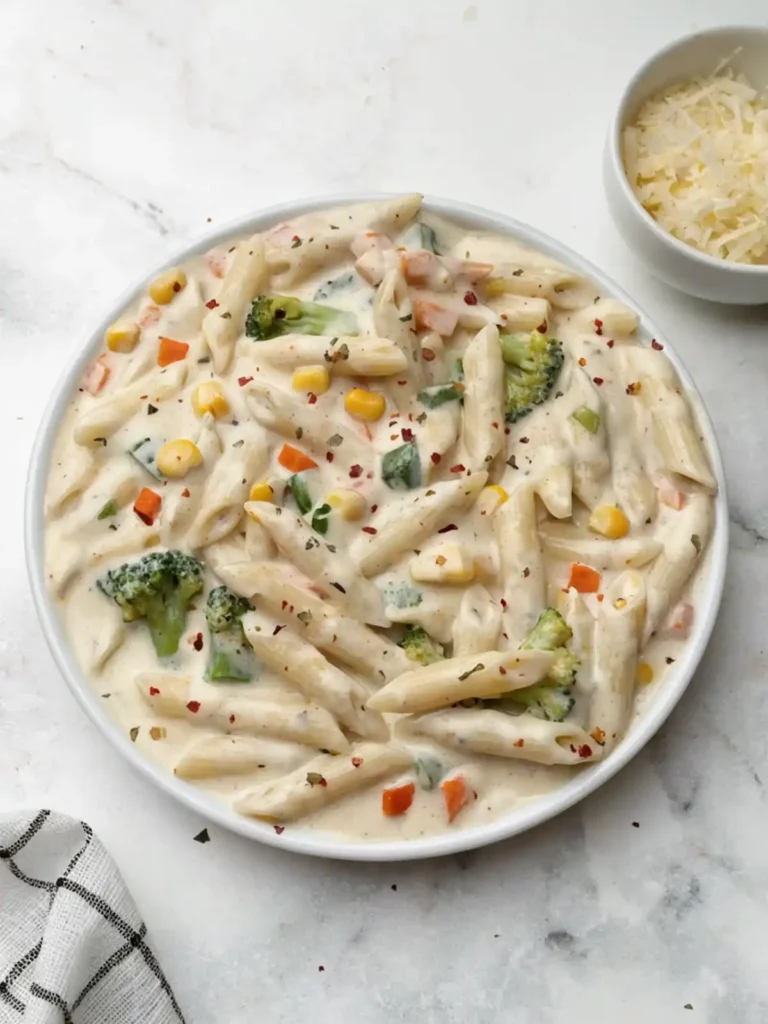 Creamy white sauce pasta with penne, broccoli, corn, carrots, and herbs served in a white bowl with grated cheese on the side
