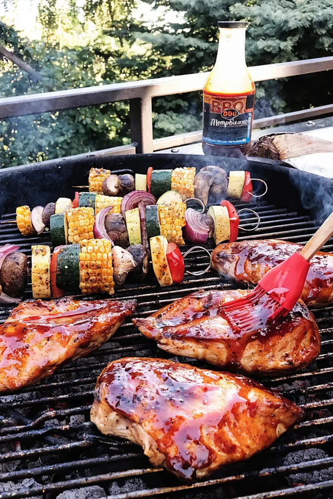 BBQ chicken breasts grilling with sauce on an outdoor grill alongside colorful vegetable skewers and a red basting brush.