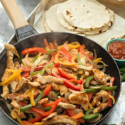 Chicken fajitas in a skillet with bell peppers and onions served with warm tortillas and salsa