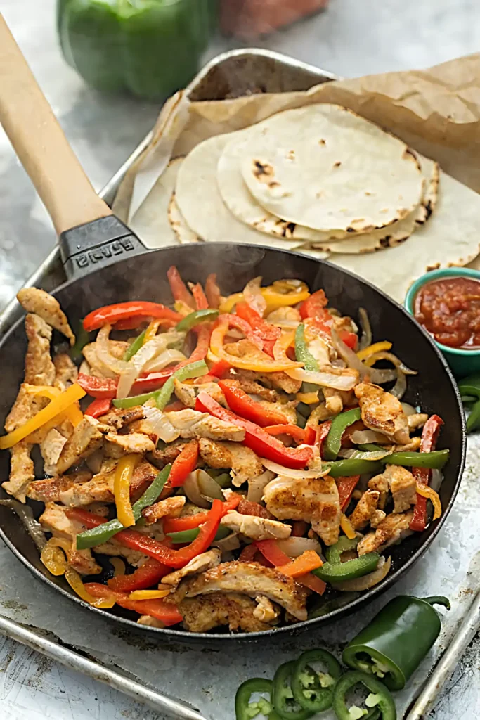 Chicken fajitas in a skillet with bell peppers and onions served with warm tortillas and salsa