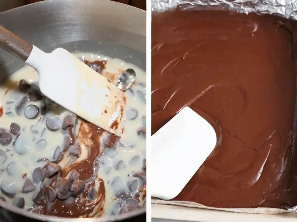 Chocolate chips and condensed milk melting in a saucepan while being stirred with a spatula, alongside smooth melted fudge spread in a foil lined baking pan.