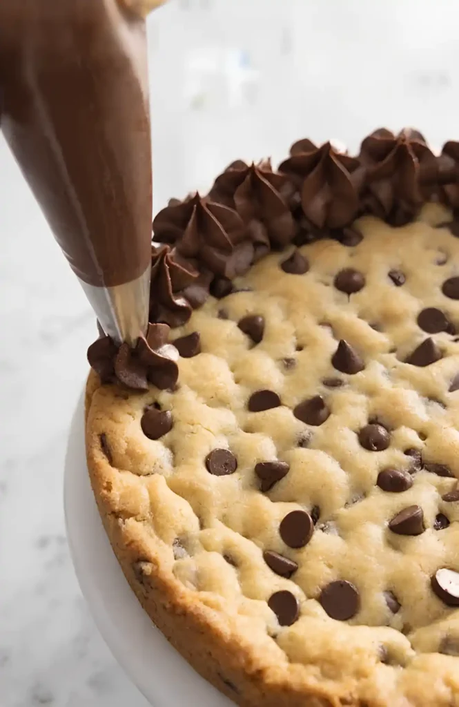 Piping chocolate frosting rosettes onto a homemade chocolate chip cookie cake using a piping bag.