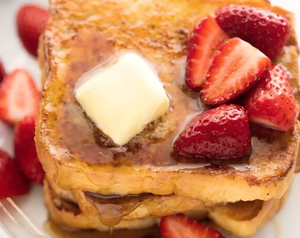 Easy French toast topped with butter, maple syrup, and fresh strawberries on a white plate.