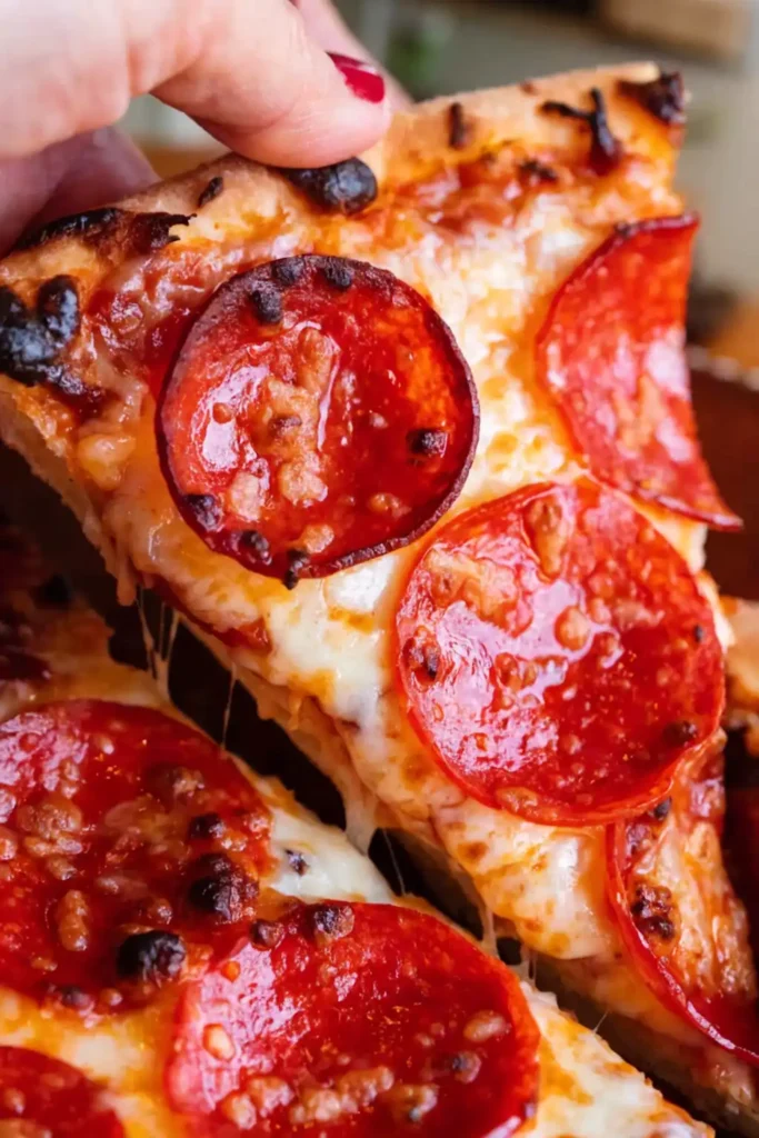 Homemade pepperoni pizza slice with melted mozzarella cheese and crispy crust being lifted by hand.