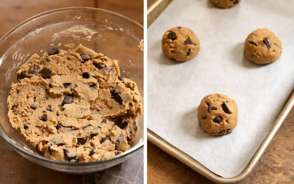 Brown butter chocolate chip cookie dough in a mixing bowl and dough balls placed on a parchment lined baking sheet.