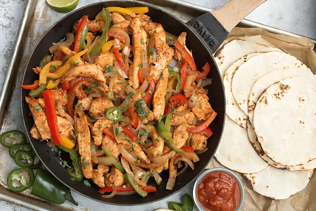 Chicken fajitas in a skillet with peppers and onions served with tortillas lime and salsa